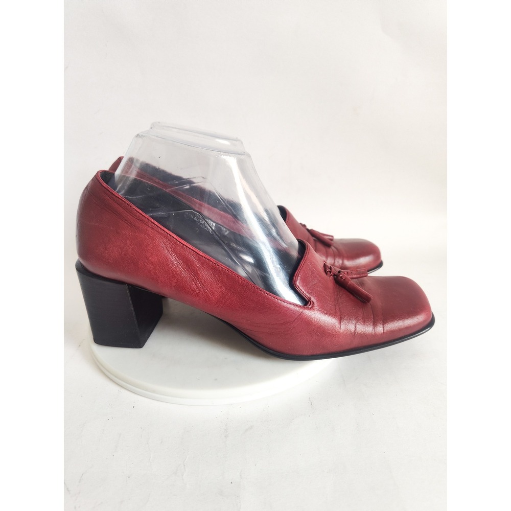 Vintage 90s Etienne Aigner Loafer Pumps 8 Tassel Red Leather Block Heel Office